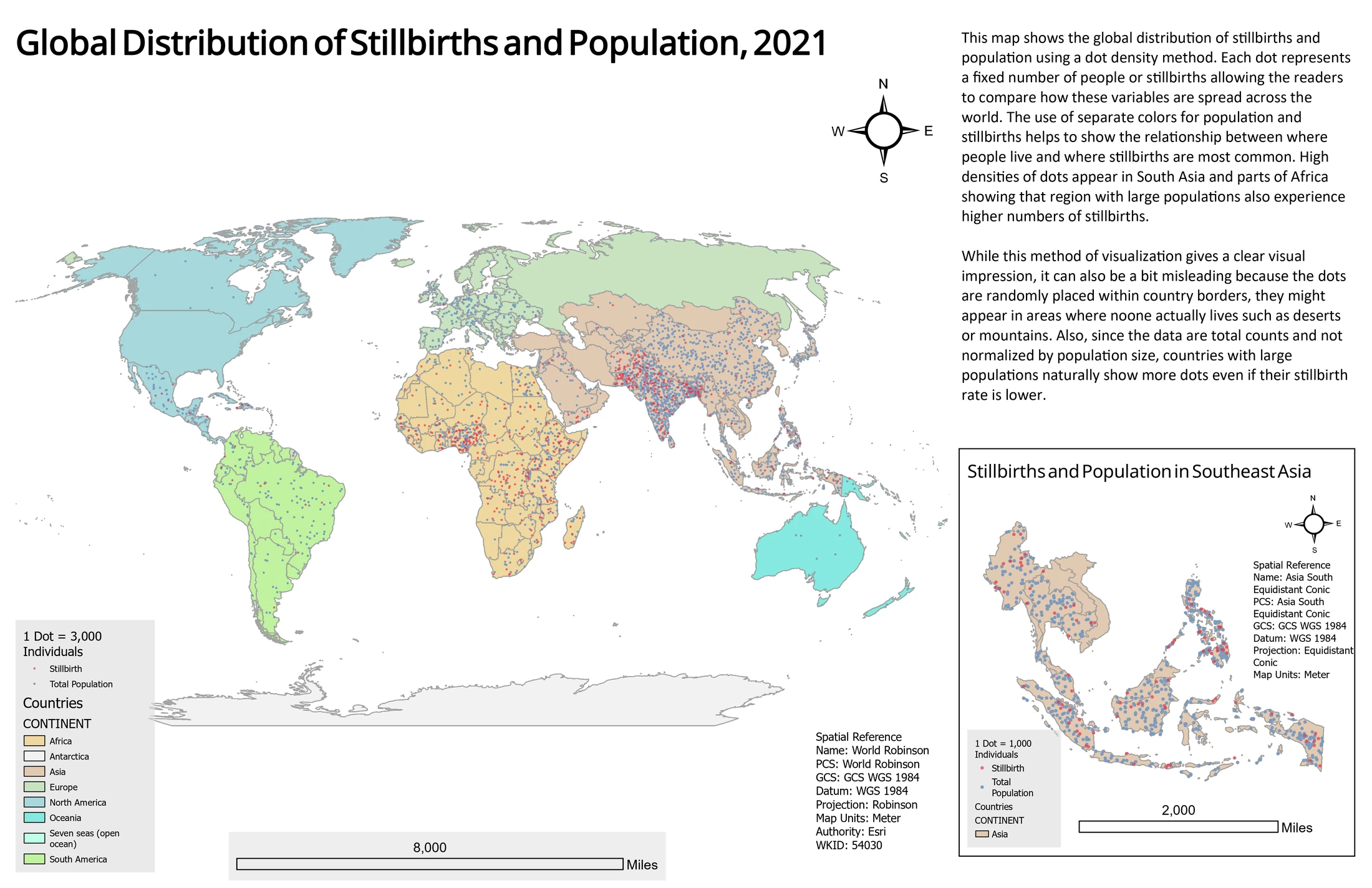 Complete world dot density map comparing national stillbirth and population totals, with a Southeast Asia inset.