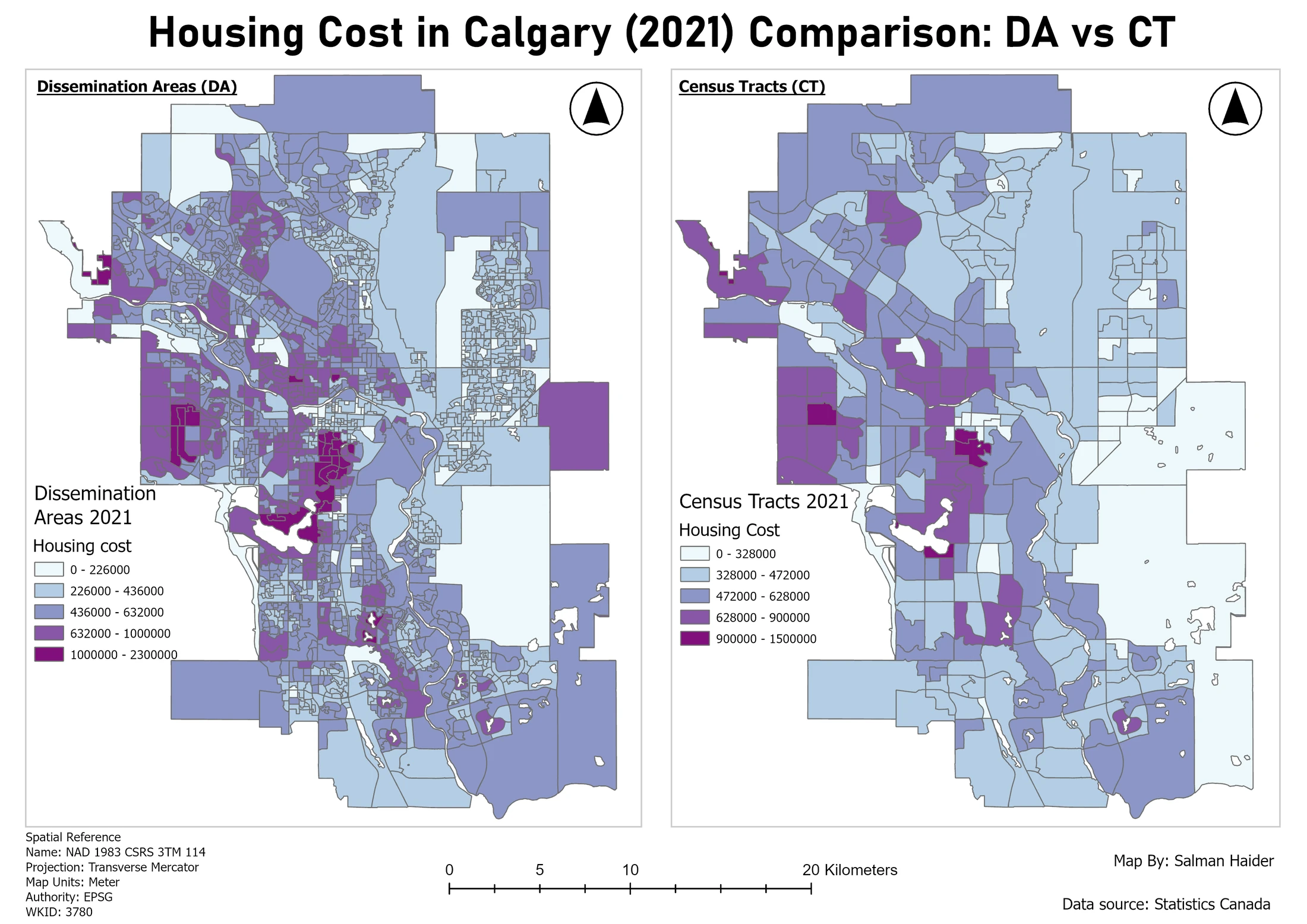 Complete side by side comparison of Calgary housing cost in 2021 at dissemination area and census tract scales.