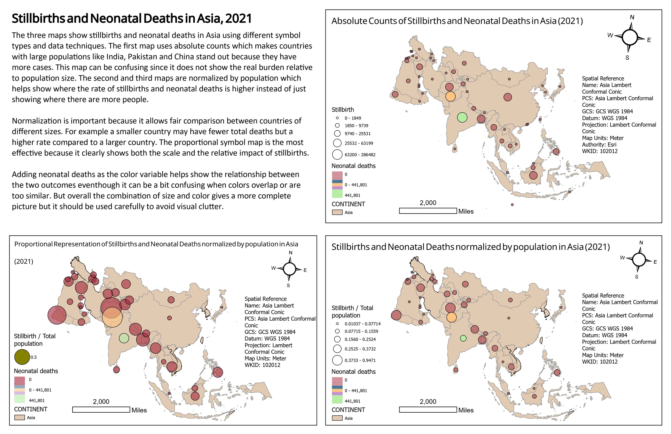 Complete Asia layout comparing graduated and proportional symbols for stillbirths, neonatal deaths and population adjusted stillbirth values.