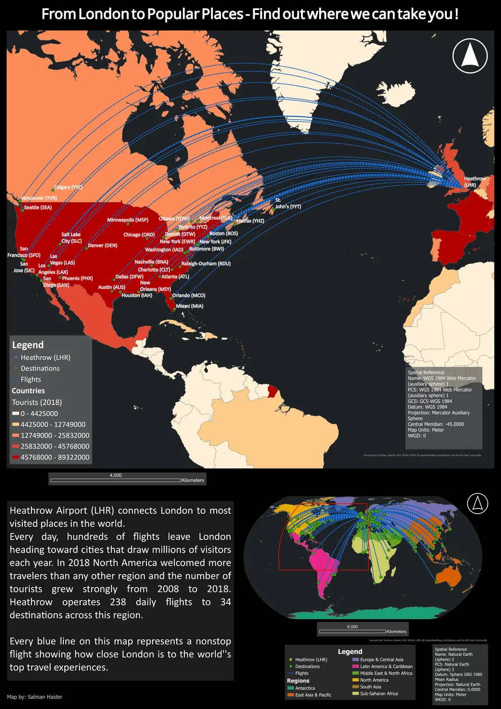 Heathrow nonstop routes and North American tourism map