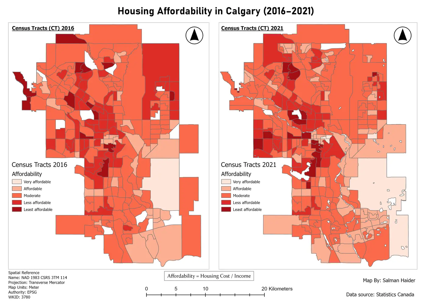 Calgary housing affordability change map