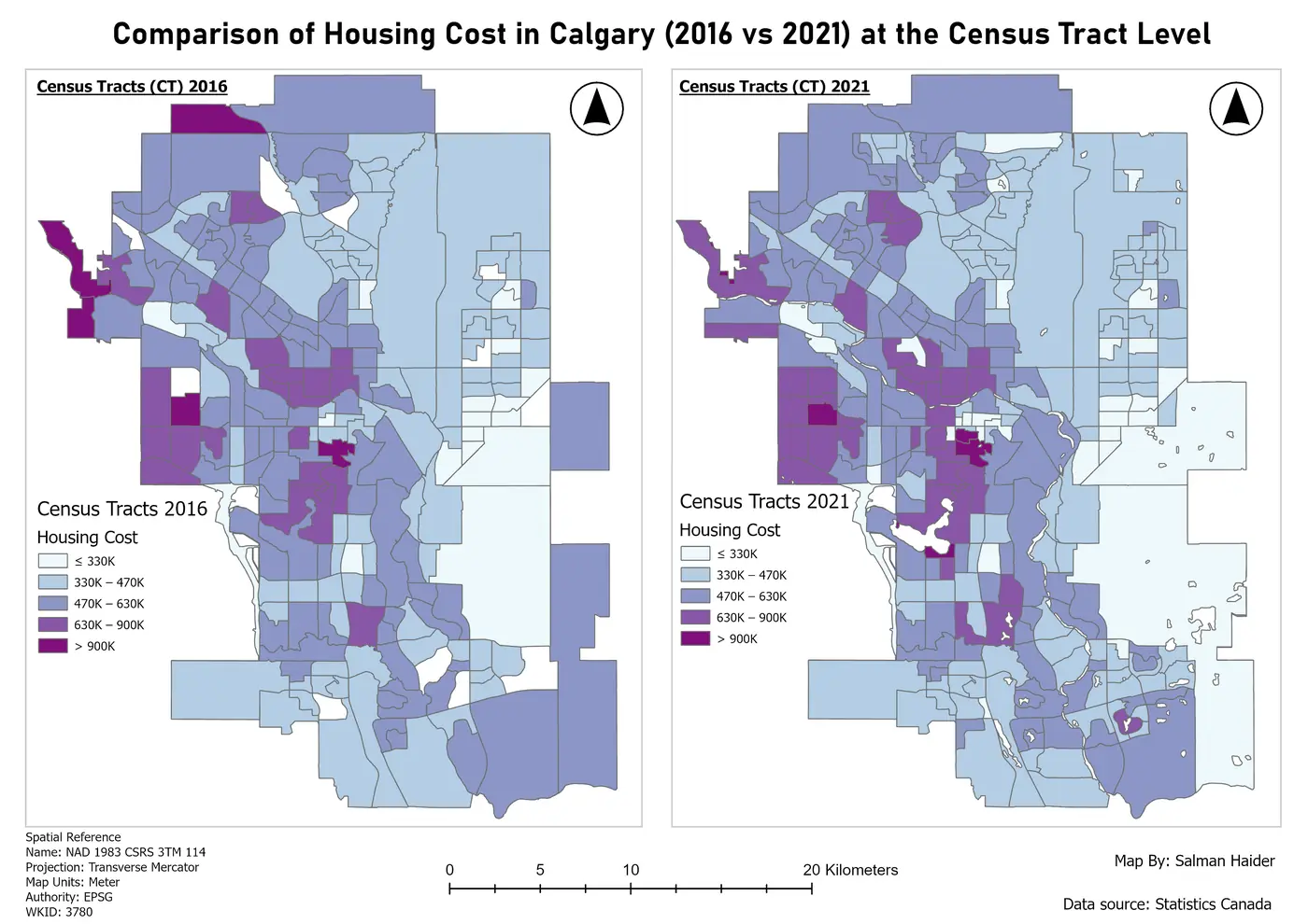Calgary housing cost change by census tract