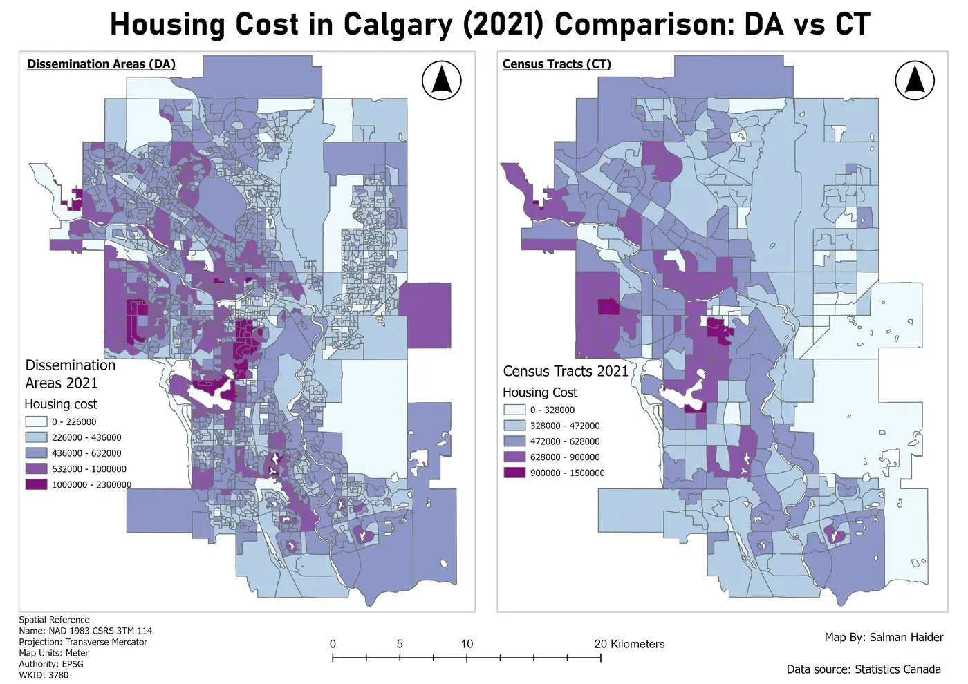 Housing cost comparison at dissemination area and census tract scales