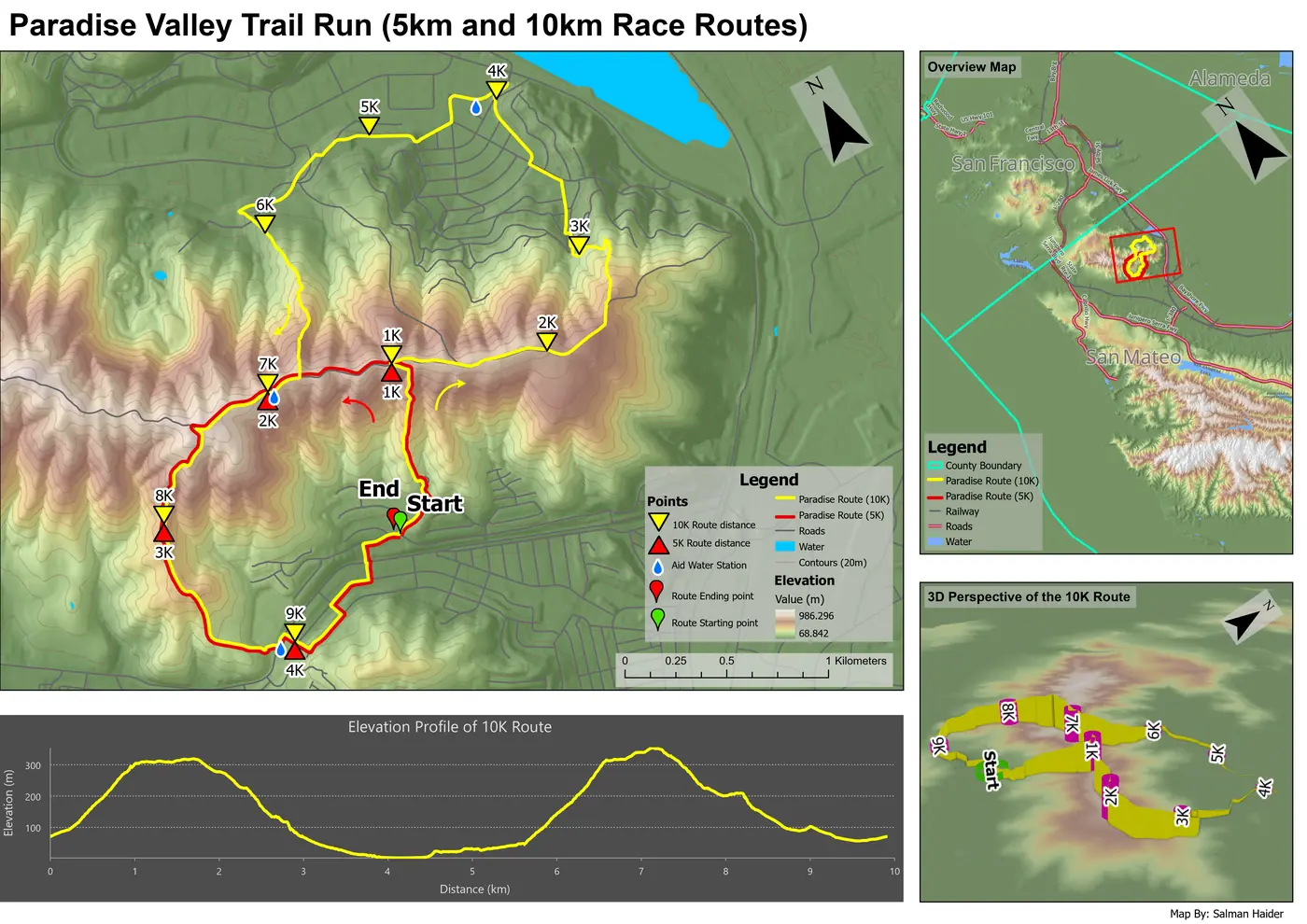Trail race map with 5K and 10K routes, terrain, elevation profile, and 3D view