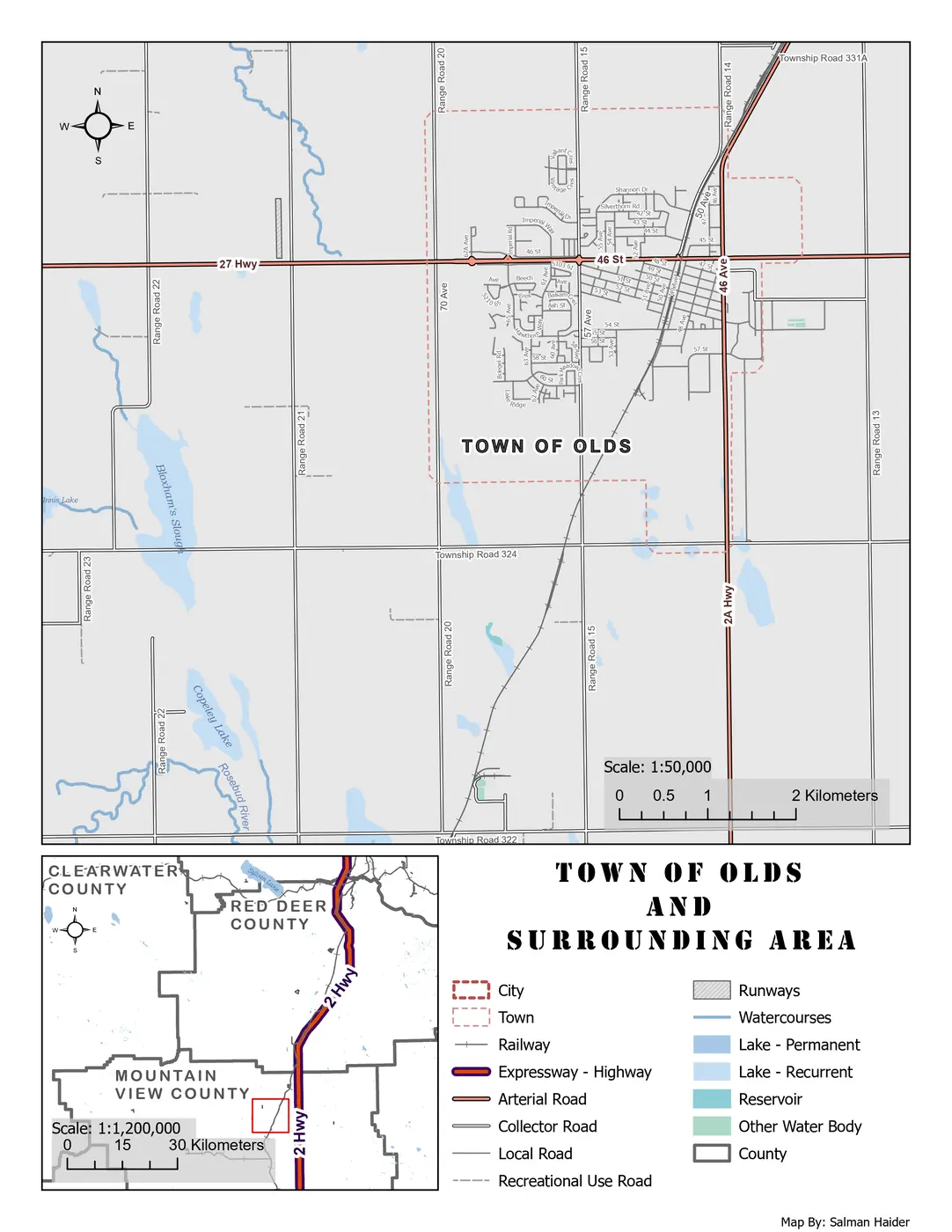 Detailed reference map for the Town of Olds