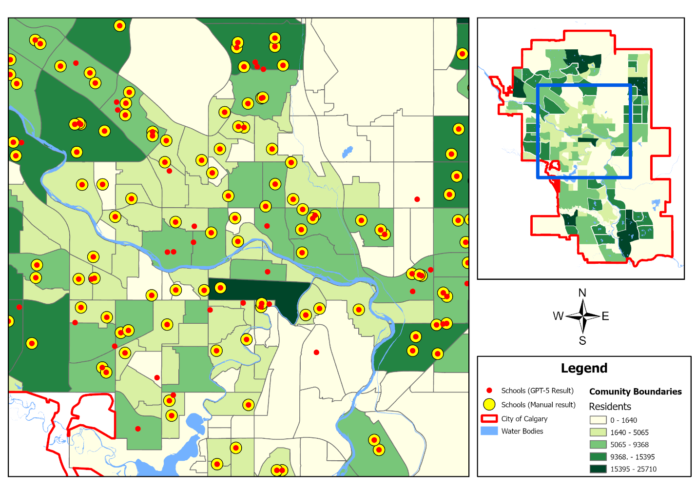 Calgary comparison for Q50: yellow points show the manually selected schools and red points show the model result, which omitted the elementary school attribute filter.