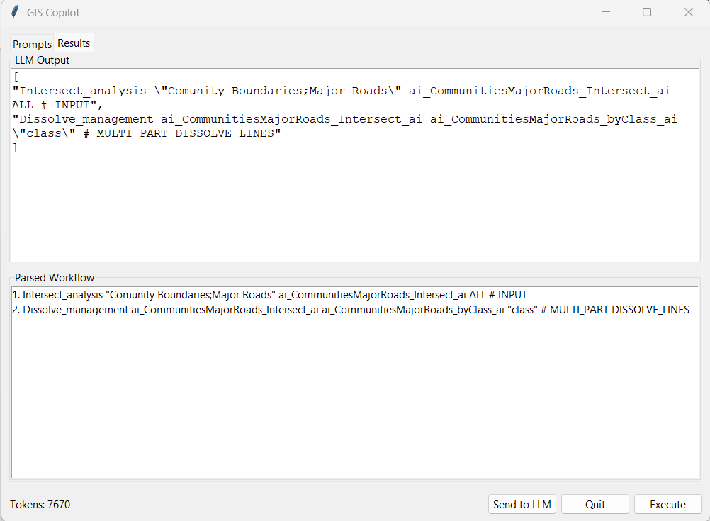 Actual Geo Copilot Results window with the raw language model response, a parsed sequence of two commands and the Execute button.