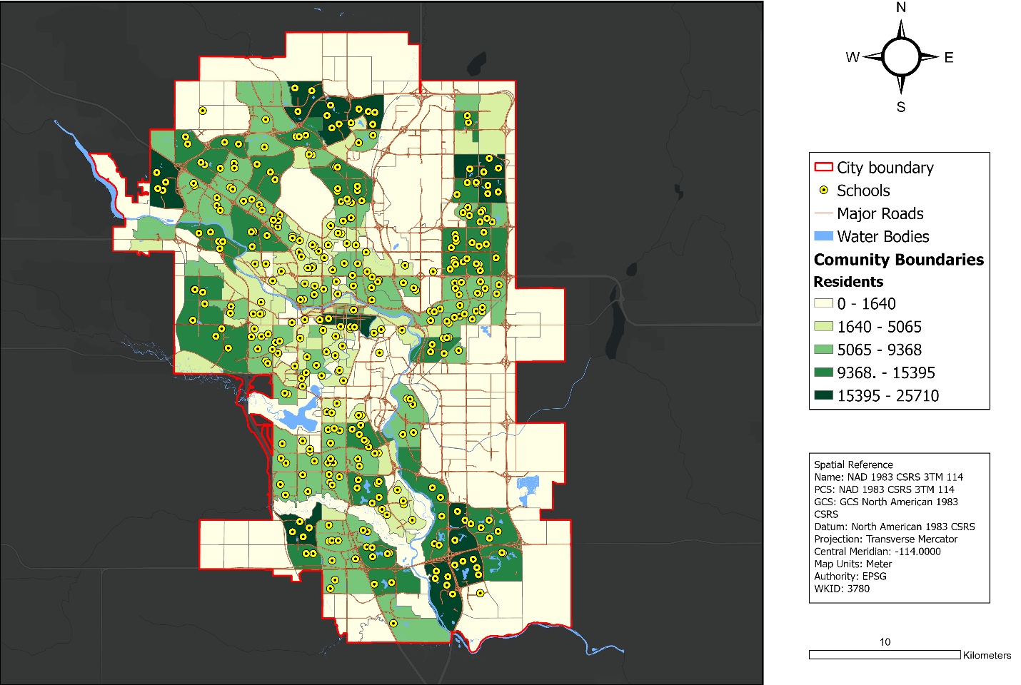 Map of the Calgary test data, showing schools, major roads, water bodies, city boundary and community boundaries coloured by resident count.