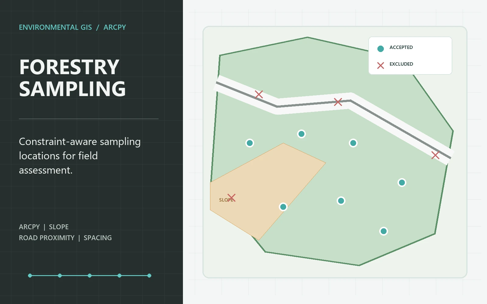 Forestry sampling workflow showing valid points, slope constraints, and road exclusions